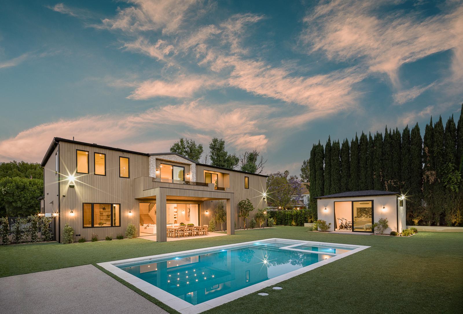 install artificial turf Woodland Hills property aerial at dusk