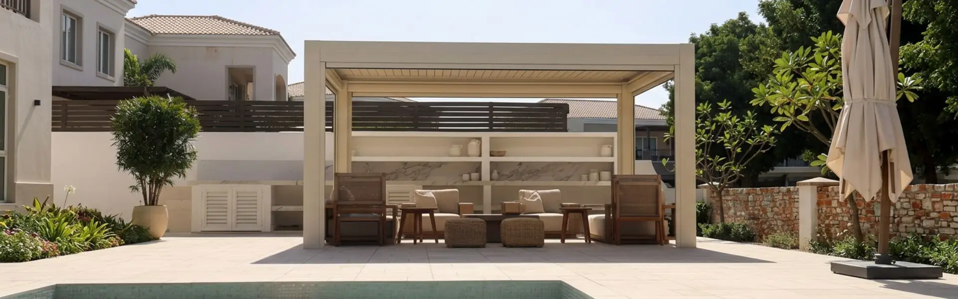 Wooden pergola shading loungers beside an infinity pool