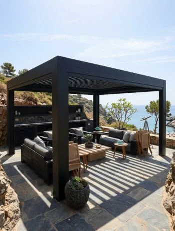 Modern aluminum pergola with LED lighting over a dining area in Dubai