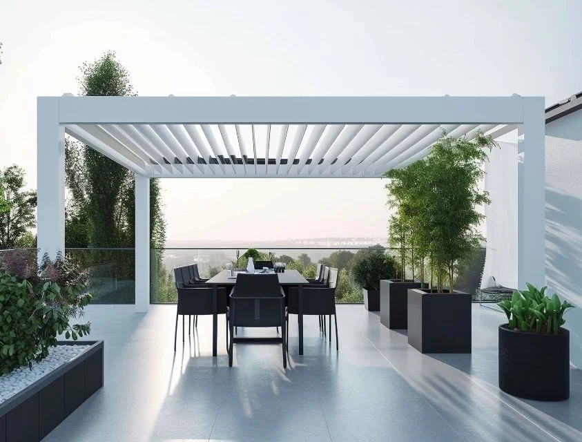 Aluminum pergola shading a villa terrace